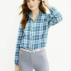 *New without tag Loft Ruffle plaid/flannel shirt in teal color size small petite